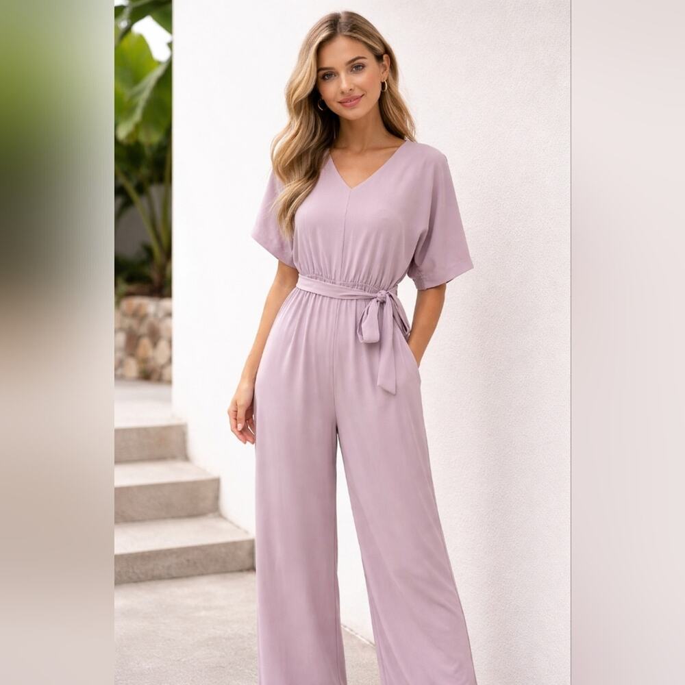 June & Hudson Lilac Wide Leg Jumpsuit Tie Waist Size M #939